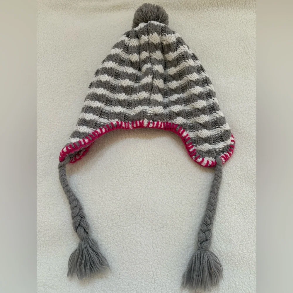 The North Face Girl's Hat Gray/White w/Pink Trim and Ear Flaps